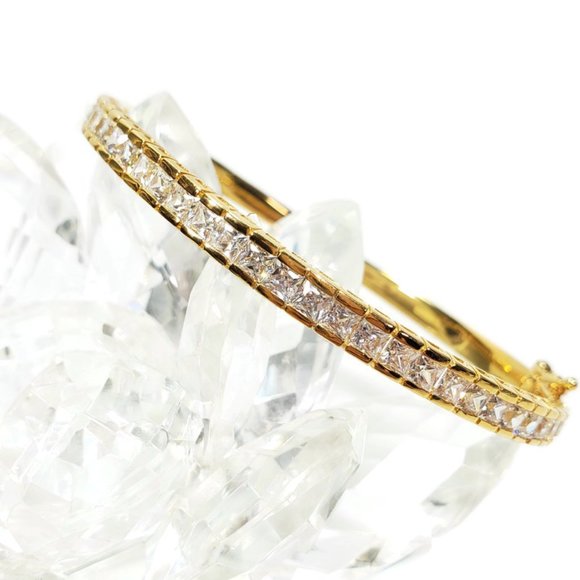 Gold CZ Bangle with Safety Clasp 7" - Picture 2 of 9